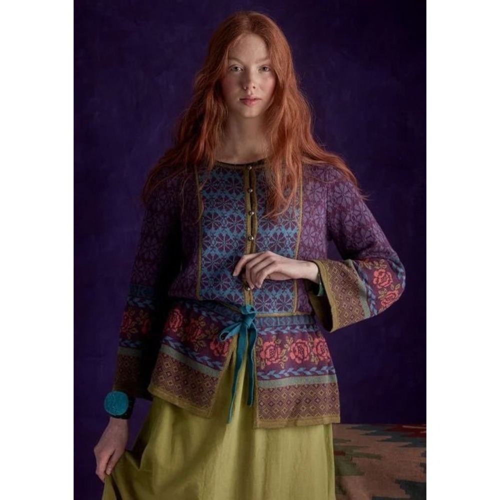 Gudrun Sjoden Floral Fair Isle Knit Cardigan Sweater M Organic Cotton Wool